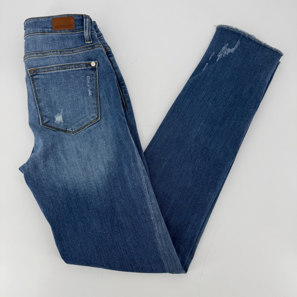 Judy Blue‎ Straight Fit Jeans Womens 1/25 Medium Wash Raw Hem Stretch